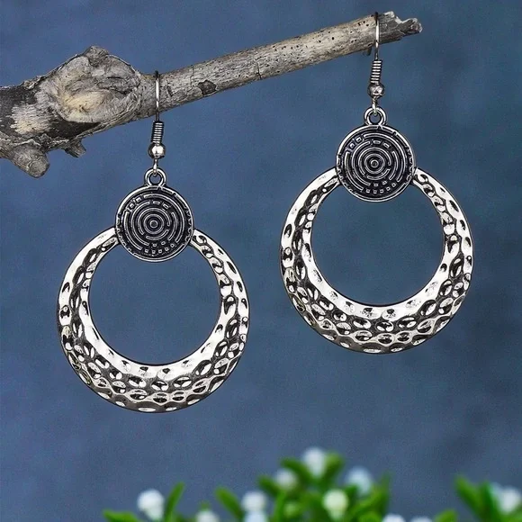 Any 2/$20! Dimpled Silver Circular Boho Drop Earrings - Picture 2 of 6
